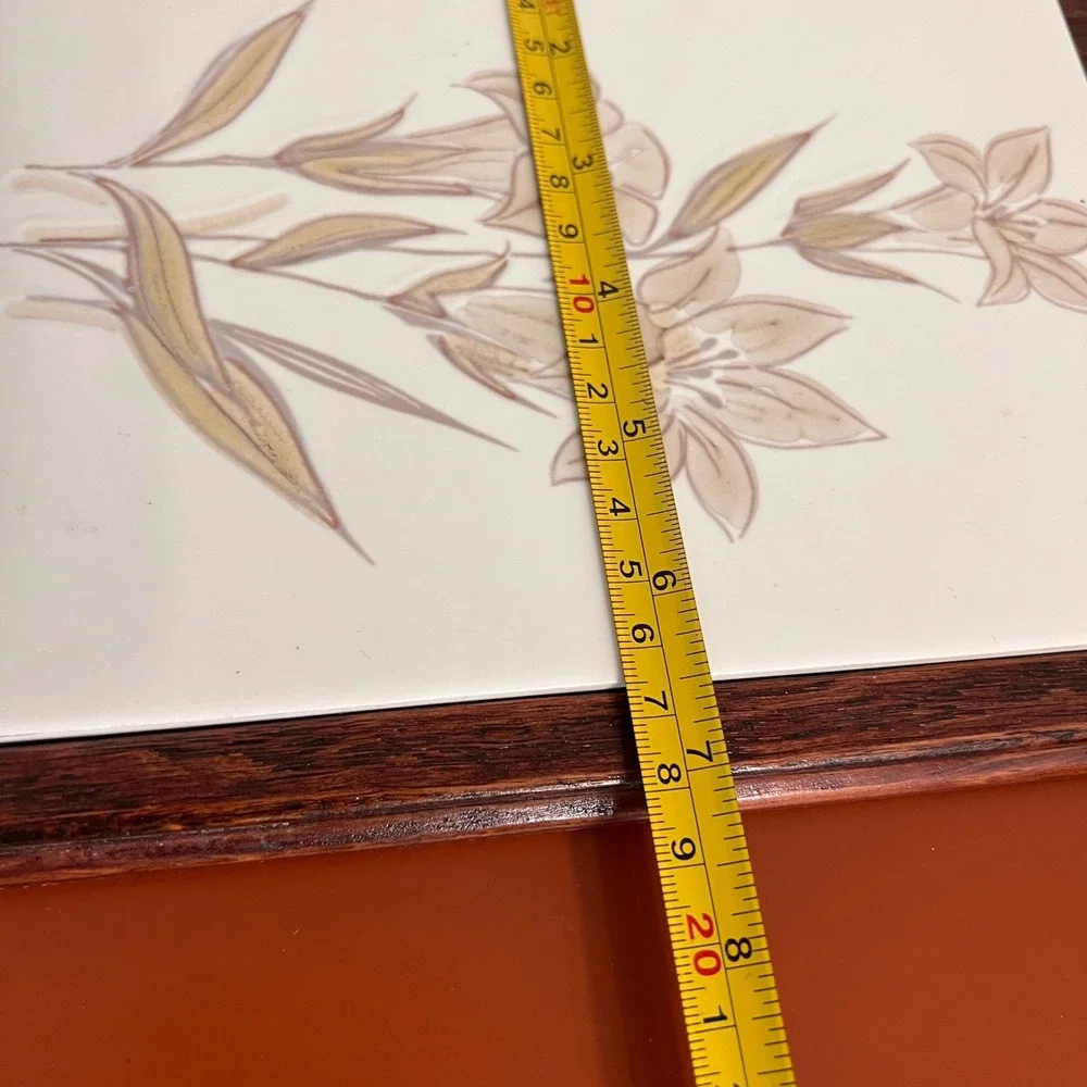 Vintage Floral Ceramic‎ Tile Wall Art Framed Lily Botanical Beige Tan Wood Frame